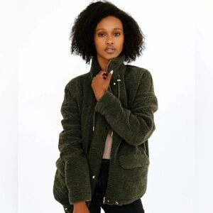 One/Third Green Sherpa Satin Jacket Zip Button Large Women's
